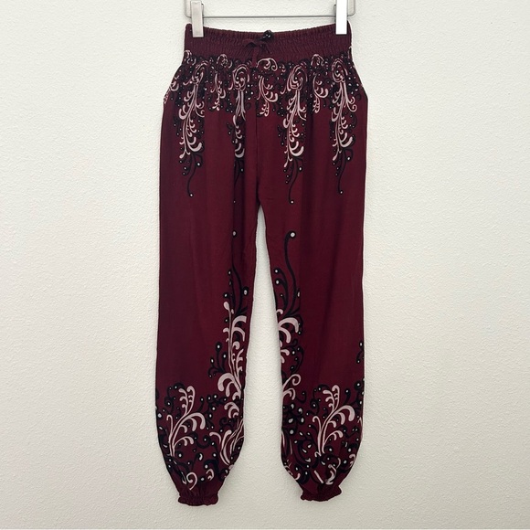 Pants - Burgundy Smocked Waist Pants Boho Harem Lounge Pattern Festival Size Small